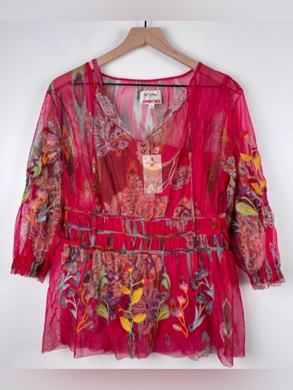 NWT Johnny Was Pink Sheer Embroidered V-Neck - Size XS - FITS LIKE MED! PTP 18”